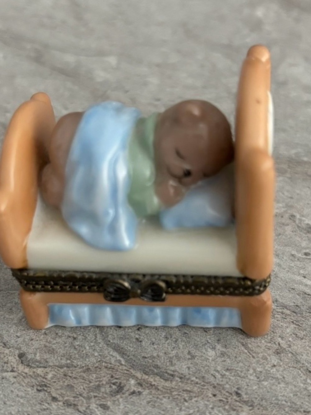 Porcelain Baby Bear with Blue Blanket Figurine Trinket Box